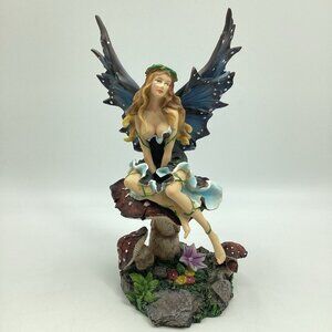 Diamond Select Fairie Glitter Blue Wings on Mushroom Toadstool Resin Figurine